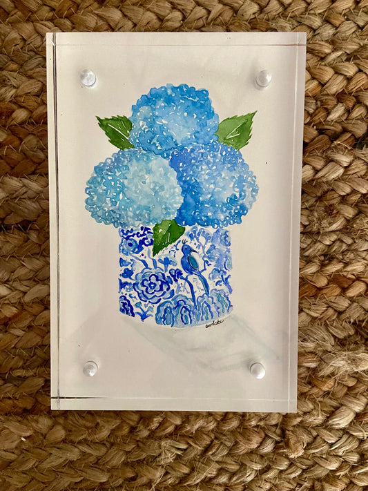 Blue Hydrangeas in Bird Vase