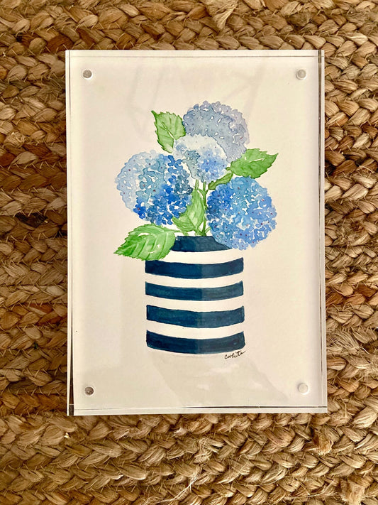 Blue Hydrangeas in Blue Stripe Vase